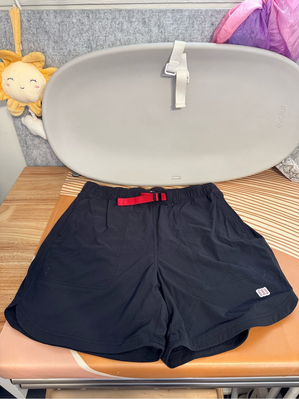 Topo Designs Black Athletic Shorts with Red Webbing Belt